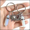 Keychains Lanyards Alloy Sun Moon Charms Keychain Natural Stone Hexagonal Column Couple Keyrings Women Rose Quartz Key Chains Trin Dhdsq