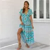 Casual Dresses Ladies Sexy Summer Bohemian Floral Print Long Dress Women Butterfly Sleeve Deep V-Neck Elegant Ankle Length 2023