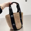 Houten stro zak haak emmer tas dames mand strandtas ontwerper luxe schouderhandtassen canvas bakken open lrage capaciteit modebrief bedrukken lederen bodem