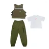 Abbigliamento da palcoscenico Costumi per spettacoli hip-hop per bambini Ragazzi Jazz Dance Kpop Abiti per ragazze Army Green Hiphop Rave Clothes DQS7190