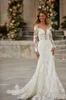 Sexy Plus Size Mermaid Wedding Dresses Bohemian Open Back Lace Flowers Applique Long Sleeves Sweep Train Sheer V Neck Beach Bridal252n