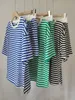 Kvinnor s tvåstycksbyxor 2023 Summer Stripe Tracks med shorts Set Casual Cotton Two Piece Suit T -shirt och för kvinnor Loose O Neck Top Outfits 230303