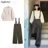 Women's Two Piece Pant Sets Plaid Mopping Jumpsuits Long Sleeve Stand Collar White Shirts Retro Females 2 Pecs Vintage Streetwear Spring Harajuku 230306