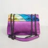 Damen-Handtasche mit Regenbogen-Wellenmuster, Adlerkopf auf der Vorderklappe, bunte Umhängetasche, Patchwork-Pu-Leder