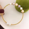 Bangle Women's Hand Winding 14K Gold Plated Candy 6-7mm Freshwater Pearl Open Bracelet
