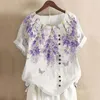 Women's Blouses 2023 Women's Summer Cotton Linen Blouse Shirts Tops Casual Round Neck Short Sleeve Flower Print Loose Shirt