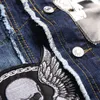 Höstens spårsräder blå män denim två stycken set casual broderi skalle väst och trasiga färg patch stretch jeans 2 st set conuntos de hombres