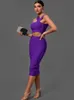 Vestidos casuais vestidos de bandagem para mulheres 2022 Purple Bodycon Dress Festa de noite elegante Sexy Cut Out Midi Birthday Club Fort Summer Novo Z0216