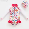 One-Pieces 2022 New Warm Swimsuit Long-sleeved Cute Children Girls Swimwear Baby Swimwear UV Bathing Suit Cartoon Print Summer Swimming Sui W0310