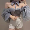 Dames blouses shirt mesh pure doorloop door middelste mouw crop top single breasted mode backless sexy vrouw 230303