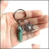 Keychains Lanyards Alloy Sun Sunshine Natural Stone Hexagonal Column Couple Keychain Women Rose Quartz Key Chains Trinket Dhu7B