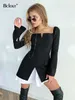 Casual Dresses Bclout Elegant Black Dress Women 2022 Autumn Puff Sleeve High Waist Sexy Mini Dresses Fashion Patchwork Slit Party Dress Female Z0216