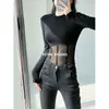 Kvinnors T -skjortor Spring och Autumn Girl Sexig stil Solid Color Tight Mesh Stitching Top Round Neck Slim Long Sleeve V2A4women's