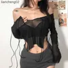 Women's Knits Tees Women's T-shirt Mesh Long-Sleeved Crop Top with Adjustable Straps Sexy Navel Solid Color Summer Clothing Casual Outfits Y2k W0306