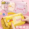 Pencil Bags Decompression Pencil Case for Girls Big Leather Canvas Cute Anime Pig Duck Pen Box Pouch Bag School Supplies Kawaii Stationery J230306