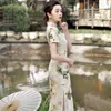 Abbigliamento etnico Elegante cheongsam in raso stampato loto estivo tradizionale colletto alla coreana manica corta Qipao abito da donna cinese retrò