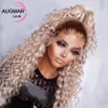 Peruker syntetiska peruker 13x4 djup våg frontala peruk ombre askblond lockigt mänskligt hår peruk glueless jungfru hd transparent 360 spets frontal hu