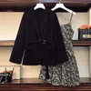 Work Dresses 2023 Autum Fashion Blazer Dress Suit Korean Solid Color Jacket And Short Floral Sling Two Piece Set Women M189