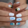 Faux ongles bleu clair onirique conçu ongle princesse horloge moyen paillettes faux carré enfantin artificiel