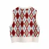 Kvinnors västar 2023 Stylish Argyle Sticked Sweaters Autumn Winter England Style V Neck Women Sweater Vest Vintage Elastic Tank Top Knitwear