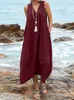 Casual Dresses 2022 Summer Casual Solid Sleeveless VNeck Long Dress Women Fashion Loose Backless Chic LaceUp Dress Simple Linen Big Hem Dress Z0216