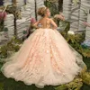 Abiti da ragazza Peach Flower Tulle Abito da ballo in pizzo Lunghezza Princess Birthday First Communion Dress