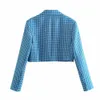 Dwuczęściowa sukienka Dylqfs Kobiety Vintage Twopiece Zestaw Blue Plaid Office Lady Single Button Slim Short Blazer Female Talia Suits 230306