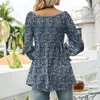 Women's Blouses Spring Fall Vintage Floral Print Cotton Shirt Women Casual Puff Long Sleeve V Neck Loose Tunic Chic Female Clothing 2023