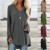 Dames t-shirts vallen 2023 van solide kleur casual groot formaat v-neck losse lange mouwen t-shirt middellange middelste vrouwen sexy tops kantoor dame