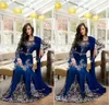 Royal Blue Luxury Crystal Muslim Arabische prom -jurken met applique kant Abaya Dubai Kaftan lange plus size formele avondjurken BA0718