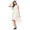 Casual Dresses Elegant Women Summer Dress O-Neck High Low Mesh Lace Pleated Beach Women's Sexy ärmlöst parti Maxi