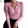 Damen Strick T-Shirts Frauen Revers Slim Abnehmen Top Hohlknöpfe Damen V Sexy Halsärmel Strickjacke Gestrickter langer Pullover Z8q0