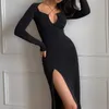 Casual Dresses YL 2021 Fall Women's Black Color Tight Dresses Sexig ihålig sida delad långärmad bodycon maxi klänning fest klubb streetwear z0216