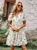 Casual Dresses Fashion Floral Dress Women Spring Autumn V Neck Short Sleeve Loose Chic Printed Dresses Z0216