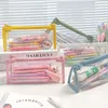 Blyertspåsar Transparent blyertsfodral Mesh Pencil Bag For Kids Girls Present Office School Supplies Kawaii Stationery Nylon Pencilcase J230306