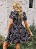 Casual Dresses Fashion Floral Dress Women Spring Autumn V Neck Short Sleeve Loose Chic Printed Dresses Z0216