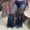 Calça feminina feminina capris moda feminina buracos vintage rasgados jeans largos cintura alta sino sino slim fit borla bainha jeans