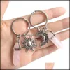 Keychains Lanyards Alloy Sun Moon Charms Keychain Natural Stone Hexagonal Column Couple Keyrings Women Rose Quartz Key Chains Trin Dhdsq