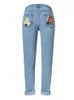 Women's Jeans Female Fashion Embroidered Roses Street Wear Straight Loose Denim Blue Clothes High Waist Vintage Travel Po Pants Women