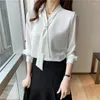 Kvinnors blusar 2023 Fashion Chiffon Women Blus and Tops Office Long Sleeve White Shirts With Tie V Neck Loose Female Clothing