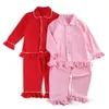 بيجاماس زر UP القطن Baby Girls الكشكش Pajamas Red Christmas Kid Pajamas مجموعة 230306