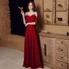 Burgundy Evening Dresses O Neck A Line Floor Length With Ribbon Sleeveless Slim Zipper Elegant Formal Engagement Party Prom Gowns