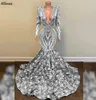 Stunning 3D Flowers Silver Trumpet Evening Dresses Sexy Plunging V Neck Special Occasion Party Gowns With Long Sleeves Dubai Arabic Formal Prom Dress Vintage CL1940