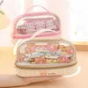 Pencil Bags Transparent Portable Cartoon Rabbit Large Capacity Pencil Case Double Layer Pen Bag Stationery Organizer Makeup Storage Pouch J230306