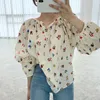 Kvinnor Bluses Korea Chic Summer Age Reduction Floral V-Neck Wild Hedging Loose Thin Puff Sleeve Shirt Top Women