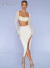 Two Piece Dress Ailigou Fall Ladies White 2 Sexy Beaded Long Sleeve Short Top Tight Club Celebrity Party Set 230306