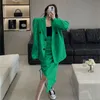 Two Piece Dress Set Women Loose Single Breasted Long Sleeve Blazer Drawstring Pleated Forked Sexy Skirts Solid Elegant Skirt Suits 230306