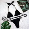 Kvinnors badkläder Solid Color Metal Diamond Bikini Women Bandage Triangle Brasilian Push Up Swimsuit Ladies Bathing Suit 230306