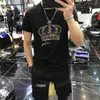 T-shirt da uomo Crown Diamond Fashion T-shirt con stampa pesante per il 2023 Camisetas Hombre Social Tshirt Camicia di alta qualità da uomo Strass