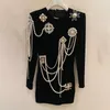 Casual Dresses High Luxury Diamond Pearl Besed Tassel Black Velvet Slim Mini Winter Dress Long Sleeve O-Neck Women Night Party